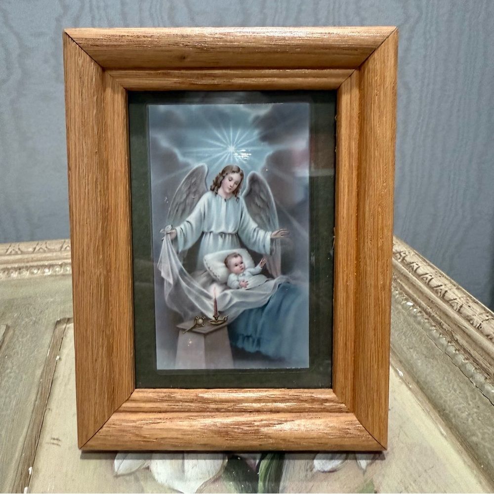 Vintage Heavenly Guardian Angel & Child Miniature Framed Prayer Card Wood Frame